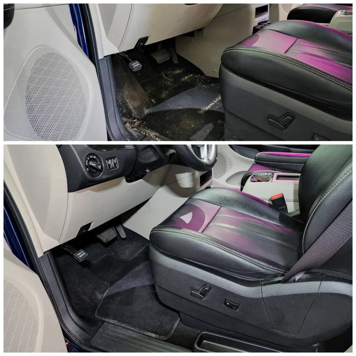 Combined before-and-after comparison of a vehicle driver area interior detail