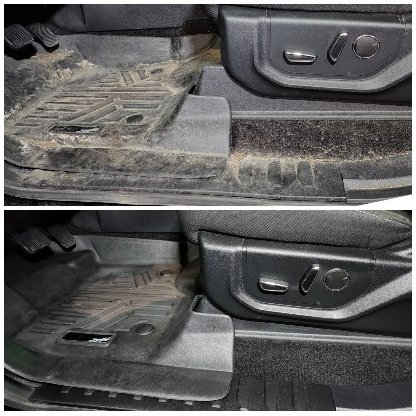 Combined before-and-after comparison of a vehicle floor mat and door threshold cleaning